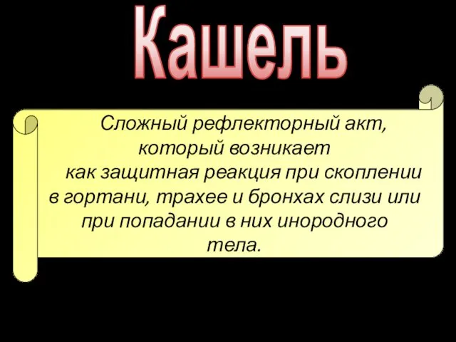 Кашель Сложный рефлекторный акт, который возникает как защитная реакция при