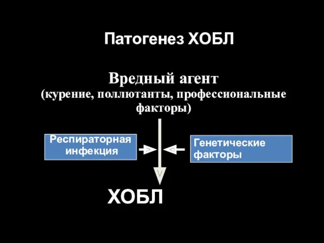 Патогенез ХОБЛ Вредный агент (курение, поллютанты, профессиональные факторы) ХОБЛ Генетические факторы Респираторная инфекция