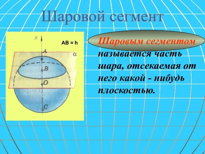 Шаровой сегмент Шаровым сегментом называется часть шара, отсекаемая от него какой - нибудь плоскостью.
