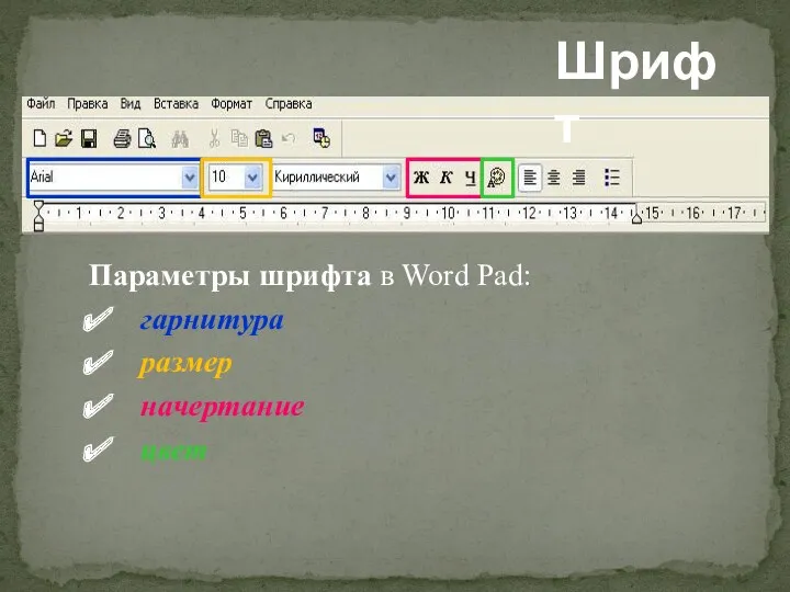 Параметры шрифта в Word Pad: гарнитура размер начертание цвет Шрифт