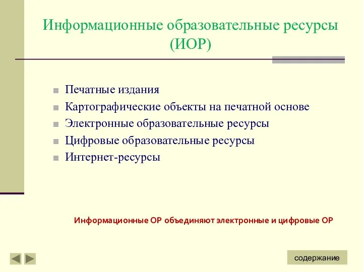 Информационные образовательные ресурсы (ИОР) Печатные издания Картографические объекты на печатной основе Электронные образовательные