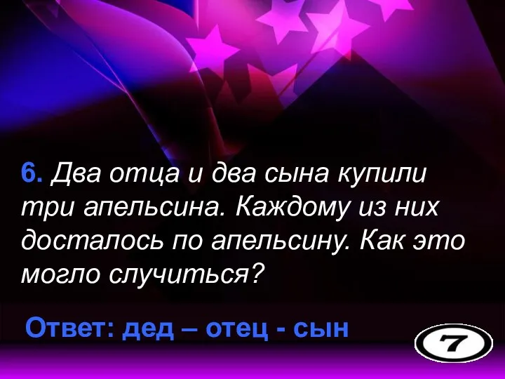 6. Два отца и два сына купили три апельсина. Каждому