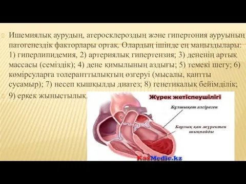 Ишемиялық аурудың, атеросклероздың және гипертония ауруының патогенездік факторлары ортақ. Олардың