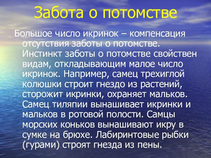 Забота о потомстве Большое число икринок – компенсация отсутствия заботы