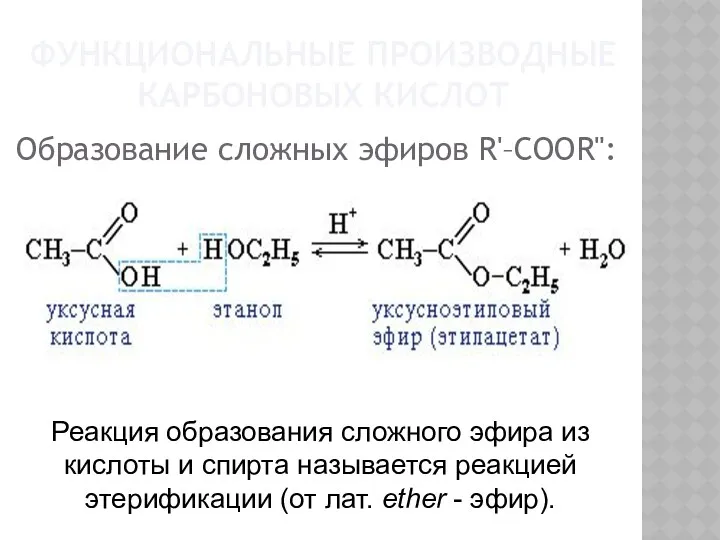 ФУНКЦИОНАЛЬНЫЕ ПРОИЗВОДНЫЕ КАРБОНОВЫХ КИСЛОТ Образование сложных эфиров R'–COOR": Реакция образования