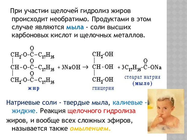 При участии щелочей гидролиз жиров происходит необратимо. Продуктами в этом