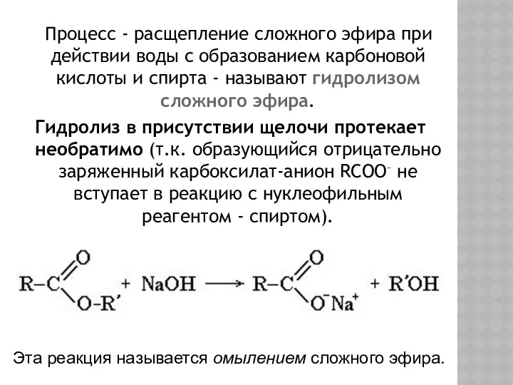 Процесс - расщепление сложного эфира при действии воды с образованием