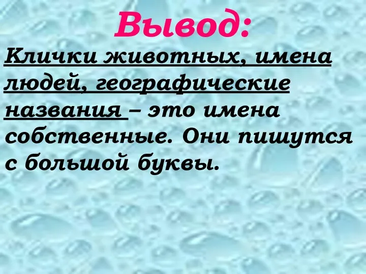 Вывод: Клички животных, имена людей, географические названия – это имена собственные. Они пишутся с большой буквы.