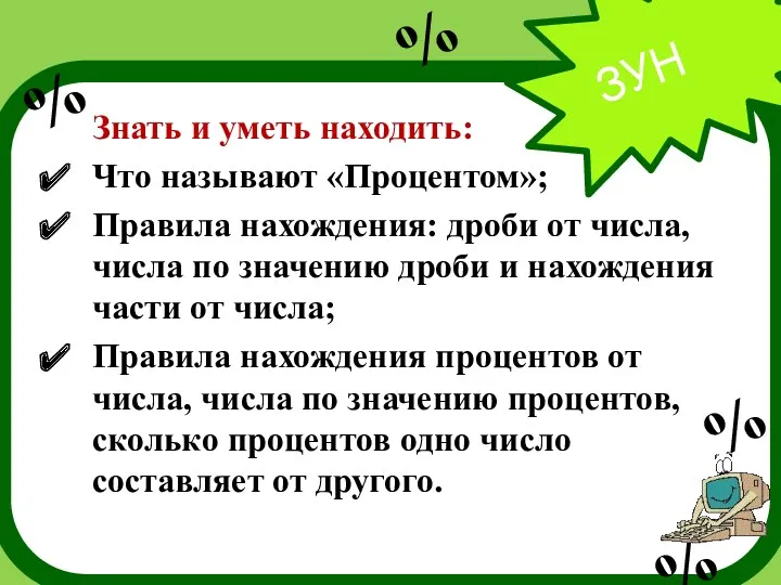 ЗУН Знать и уметь находить: Что называют «Процентом»; Правила нахождения: