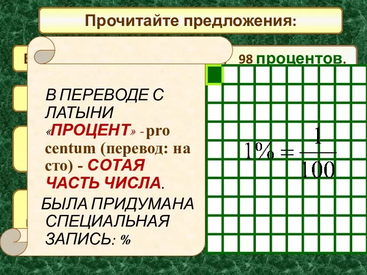 Прочитайте предложения: Всхожесть семян составляет 98 процентов. Концентрация раствора кислоты