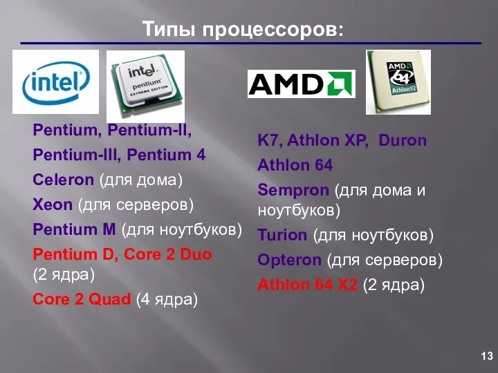Типы процессоров: Pentium, Pentium-II, Pentium-III, Pentium 4 Celeron (для дома)