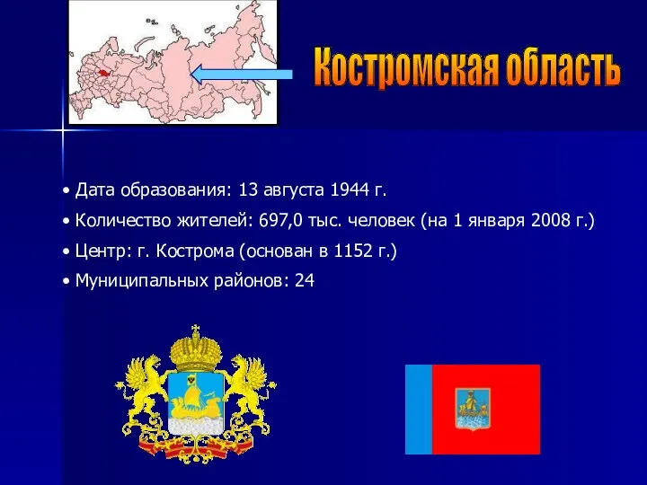Костромская область Дата образования: 13 августа 1944 г. Количество жителей: 697,0 тыс. человек