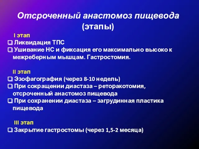 Отсроченный анастомоз пищевода (этапы) I этап Ликвидация ТПС Ушивание НС