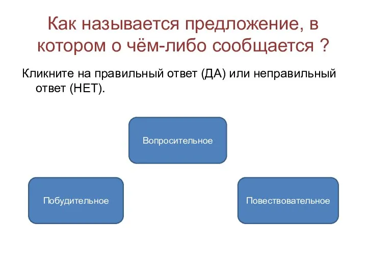 Как называется предложение, в котором о чём-либо сообщается ? Кликните на правильный ответ