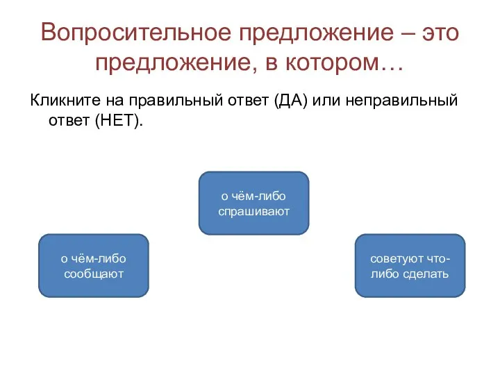 Вопросительное предложение – это предложение, в котором… Кликните на правильный ответ (ДА) или