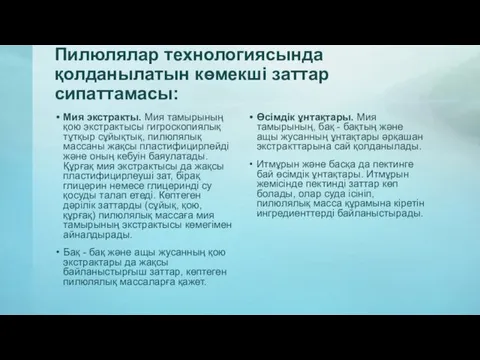 Пилюлялар технологиясында қолданылатын көмекші заттар сипаттамасы: Мия экстракты. Мия тамырының қою экстрактысы гигроскопиялық