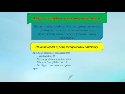 Пилюлялардың жеке технологиясы. Бірінші топқа кіретін дәрілік заттармен пилюлялар дайындау. Бұл кезде пилюлялық