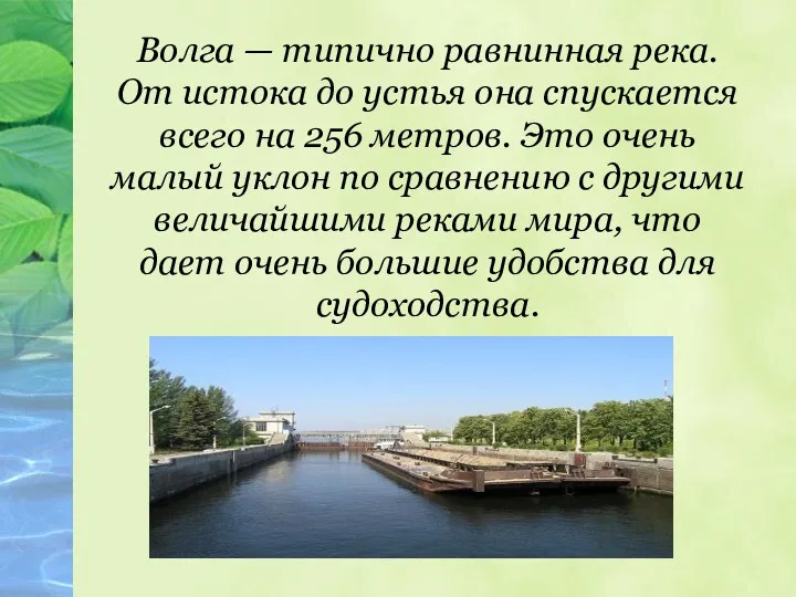 Волга — типично равнинная река. От истока до устья она