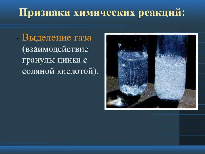 Признаки химических реакций: Выделение газа (взаимодействие гранулы цинка с соляной кислотой).
