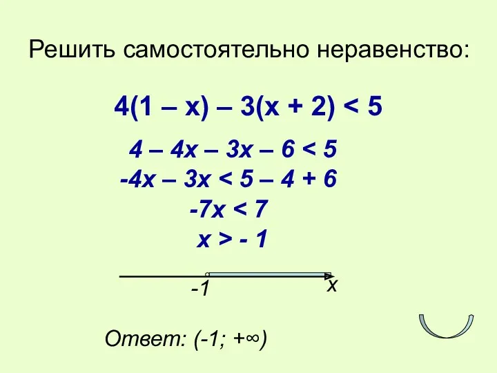 Решить самостоятельно неравенство: 4(1 – х) – 3(х + 2)