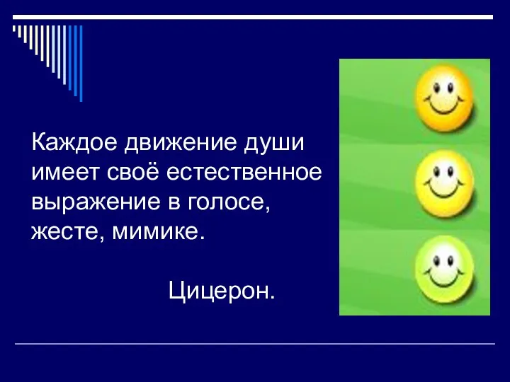 Каждое движение души имеет своё естественное выражение в голосе, жесте, мимике. Цицерон.