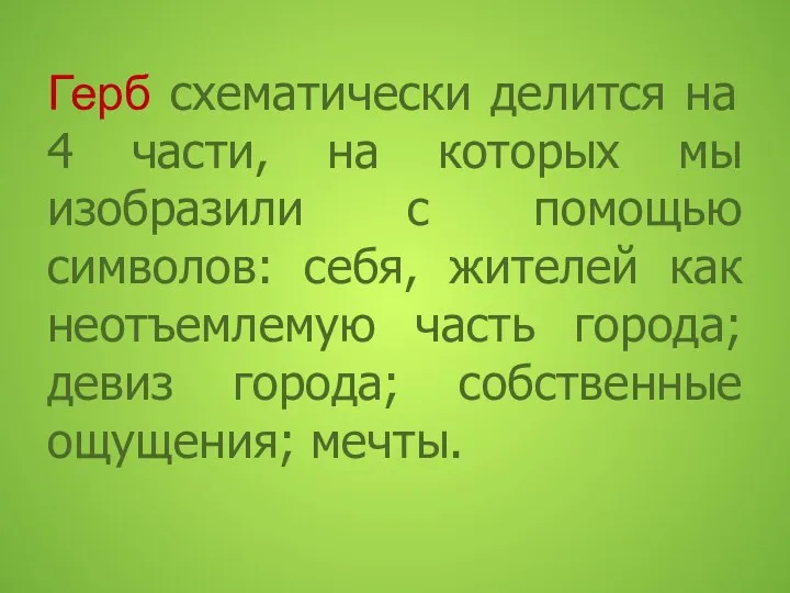 Герб схематически делится на 4 части, на которых мы изобразили