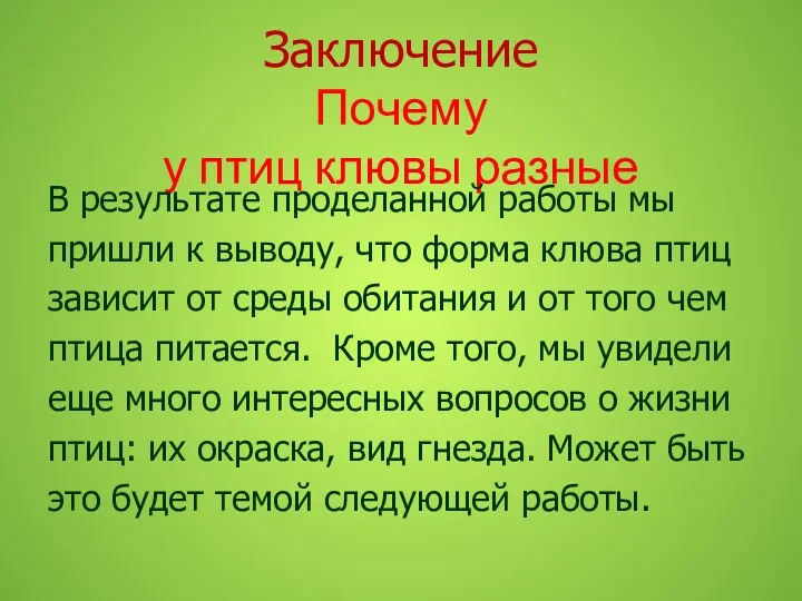 Заключение Почему у птиц клювы разные В результате проделанной работы