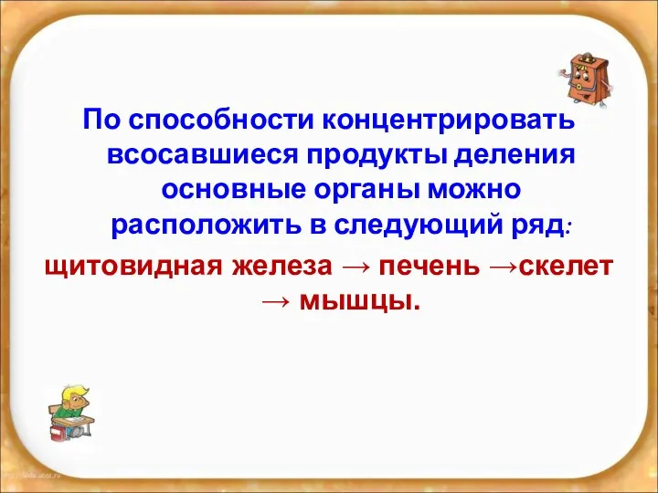 По способности концентрировать всосавшиеся продукты деления основные органы можно расположить