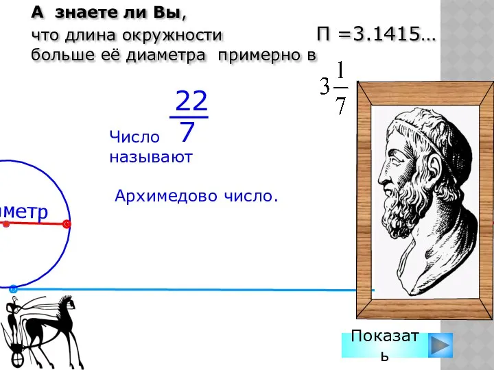 А знаете ли Вы, что длина окружности П =3.1415… больше её диаметра примерно в Показать