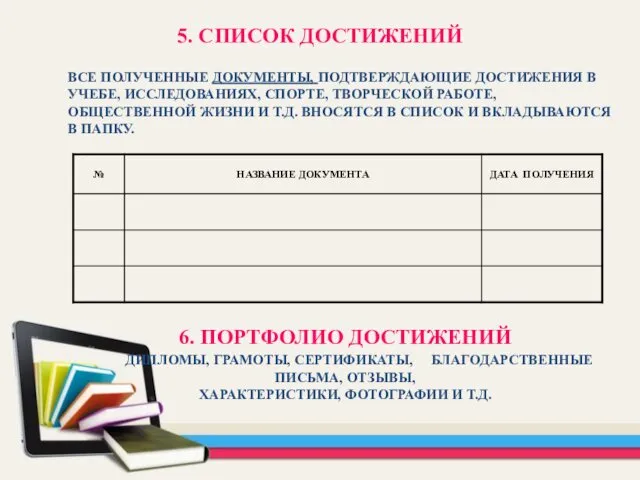 5. СПИСОК ДОСТИЖЕНИЙ ВСЕ ПОЛУЧЕННЫЕ ДОКУМЕНТЫ, ПОДТВЕРЖДАЮЩИЕ ДОСТИЖЕНИЯ В УЧЕБЕ,