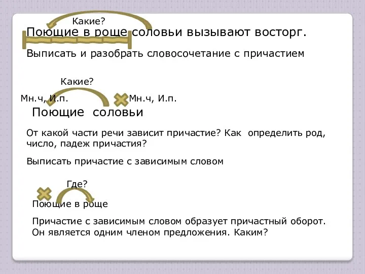 Поющие в роще соловьи вызывают восторг. Выписать и разобрать словосочетание с причастием Поющие