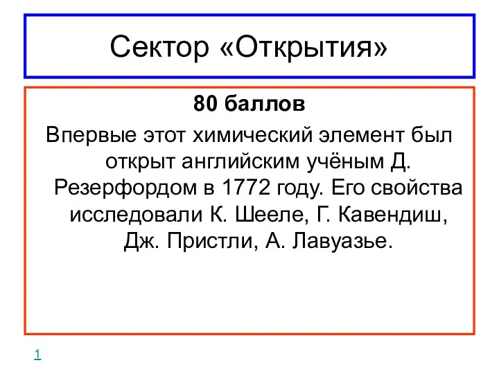 Сектор «Открытия» 80 баллов Впервые этот химический элемент был открыт