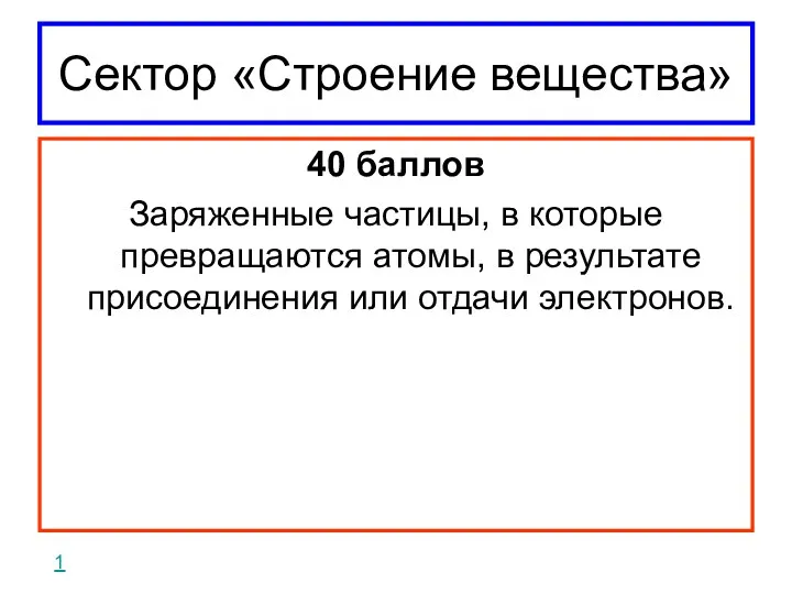 Сектор «Строение вещества» 40 баллов Заряженные частицы, в которые превращаются