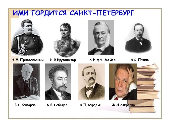 ИМИ ГОРДИТСЯ САНКТ-ПЕТЕРБУРГ Н.М.Пржевальский И.Ф.Крузенштерн А.С.Попов К.И.фон Мейер В.Л.Комаров С.В.Лебедев А.П.Бородин Ж.И.Алферов