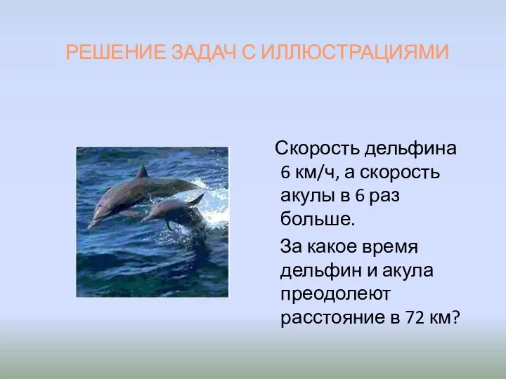 РЕШЕНИЕ ЗАДАЧ С ИЛЛЮСТРАЦИЯМИ Скорость дельфина 6 км/ч, а скорость