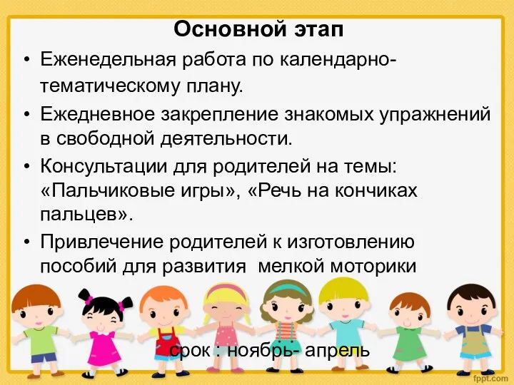 Основной этап Еженедельная работа по календарно-тематическому плану. Ежедневное закрепление знакомых