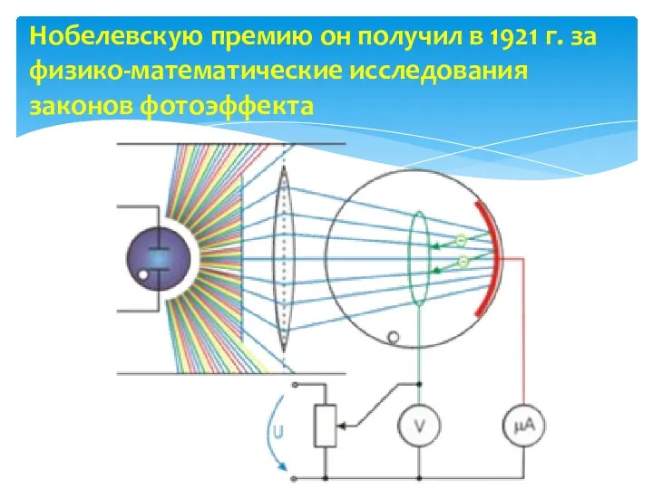 Нобелевскую премию он получил в 1921 г. за физико-математические исследования законов фотоэффекта