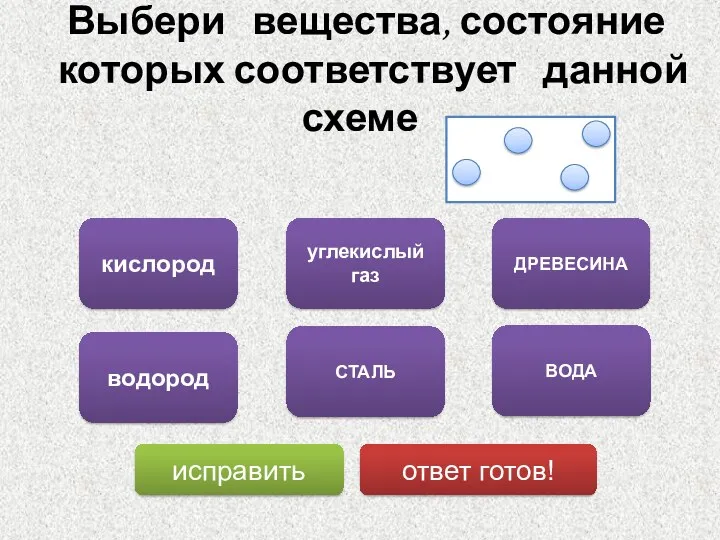 Выбери вещества, состояние которых соответствует данной схеме кислород водород углекислый