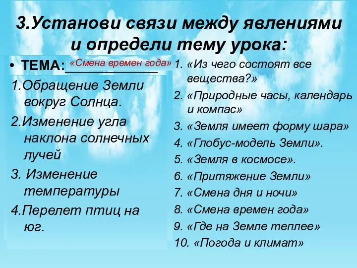 3.Установи связи между явлениями и определи тему урока: ТЕМА:____________ 1.Перелет птиц на юг.