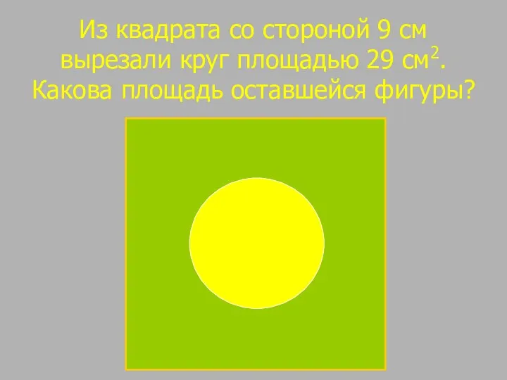 Из квадрата со стороной 9 см вырезали круг площадью 29 см2. Какова площадь оставшейся фигуры?