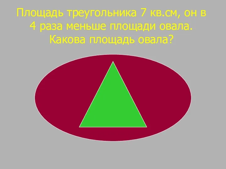 Площадь треугольника 7 кв.см, он в 4 раза меньше площади овала. Какова площадь овала?