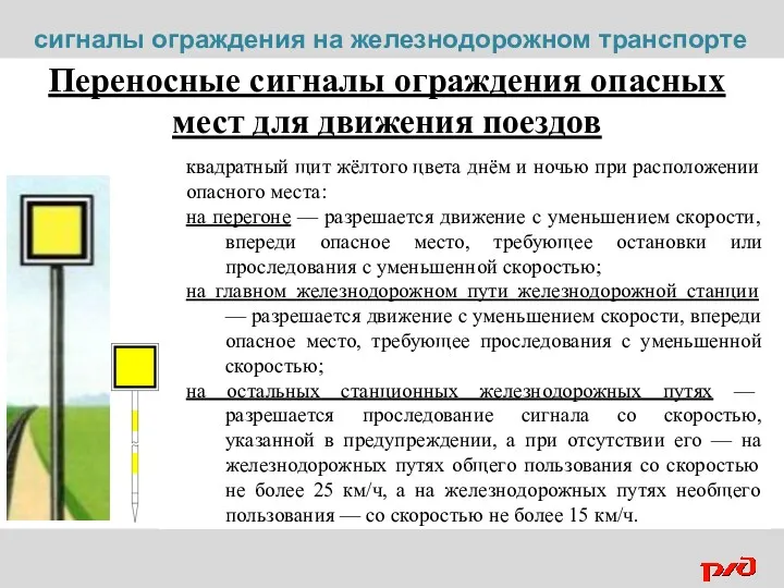 квадратный щит жёлтого цвета днём и ночью при расположении опасного