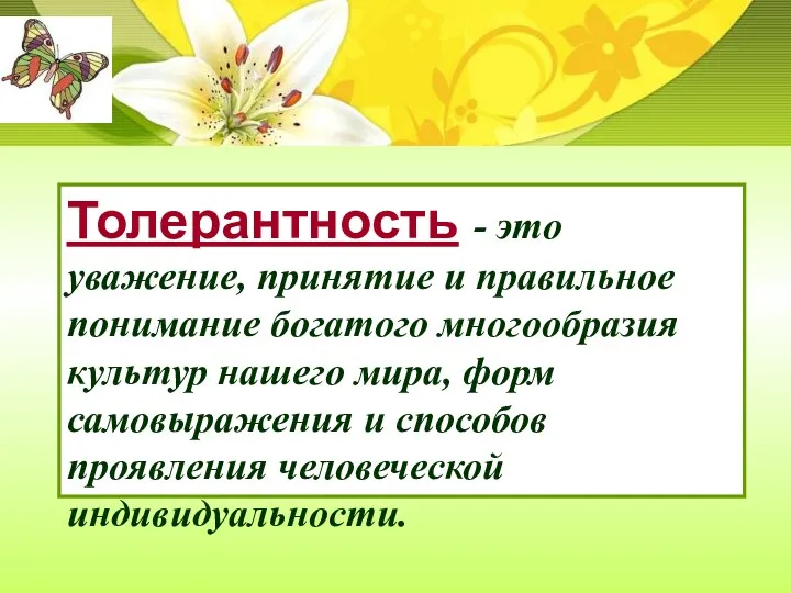 Толерантность - это уважение, принятие и правильное понимание богатого многообразия