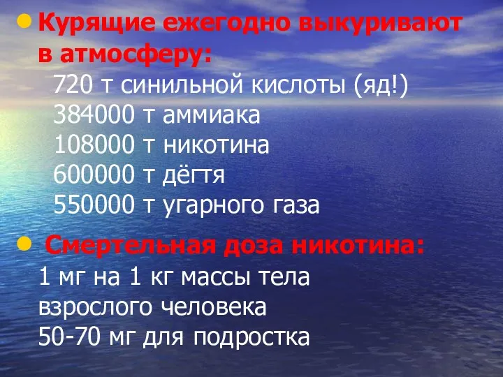 Курящие ежегодно выкуривают в атмосферу: 720 т синильной кислоты (яд!)