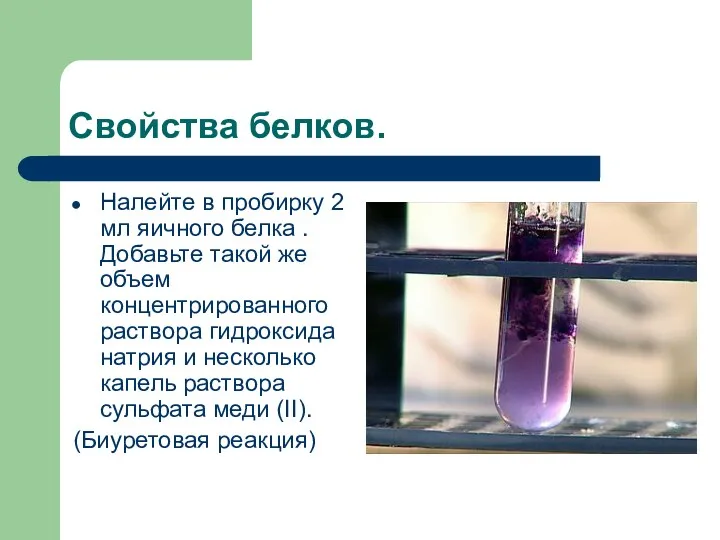 Свойства белков. Налейте в пробирку 2 мл яичного белка .