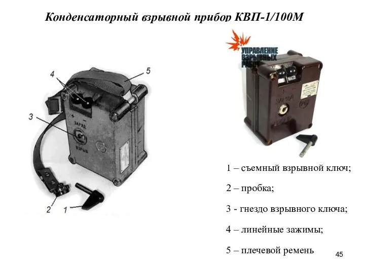 Конденсаторный взрывной прибор КВП-1/100М 1 – съемный взрывной ключ; 2 – пробка; 3