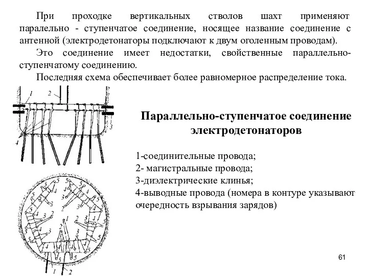 Параллельно-ступенчатое соединение электродетонаторов 1-соединительные провода; 2- магистральные провода; 3-диэлектрические клинья; 4-выводные провода (номера