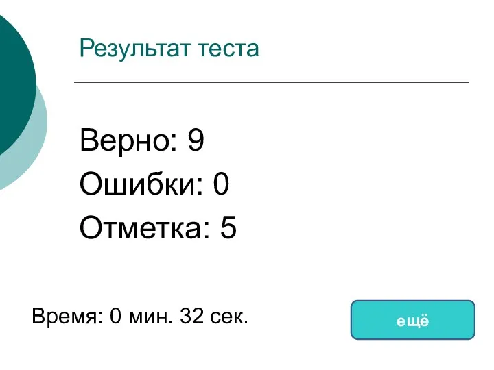 Результат теста Верно: 9 Ошибки: 0 Отметка: 5 Время: 0 мин. 32 сек. ещё