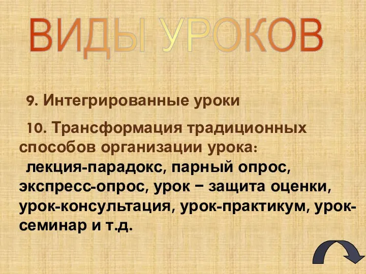 ВИДЫ УРОКОВ 9. Интегрированные уроки 10. Трансформация традиционных способов организации