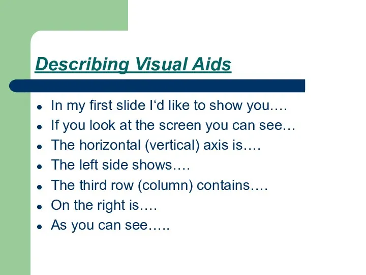 Describing Visual Aids In my first slide I‘d like to